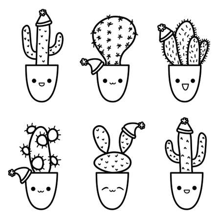Cute Christmas cactus doodle set in sketch style. Cacti characters variety with kawaii emotions for New Year celebrationのイラスト素材
