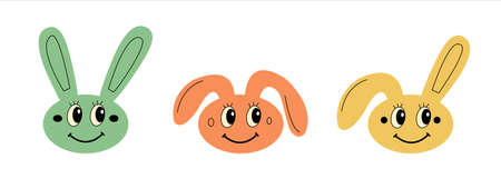 Set of 3 cute easter bunnies smiling for kids party. Happy rabbit head isolated for poster or invitation. Long ears upのイラスト素材