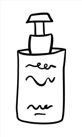 Bottle dispenser sillhouette in minimalist hand drawn outline style. Simple natural organic cosmetics container line artのイラスト素材