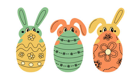 Set of 3 easter eggs with ornaments and hidden bunnies. Spring mood colorful easter themed elements for egg huntのイラスト素材
