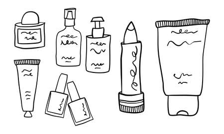 Big set of cosmetic items in minimalist hand drawn outline style. Cream dispenser, lipstick, lotion bottles, nail polishのイラスト素材