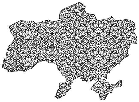 Ukraine map pattern coloring page for adults with sunflowers, peace signs and loveのイラスト素材