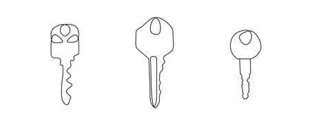 Set of 3 one line key drawings. Continuous line art of antique old key for real estate. Isolated antique hotel room keysのイラスト素材