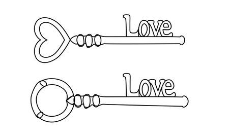 Set of continuous line key heart shaped icons with word love. Minimalist keys illustration. Real estate vector elementsのイラスト素材