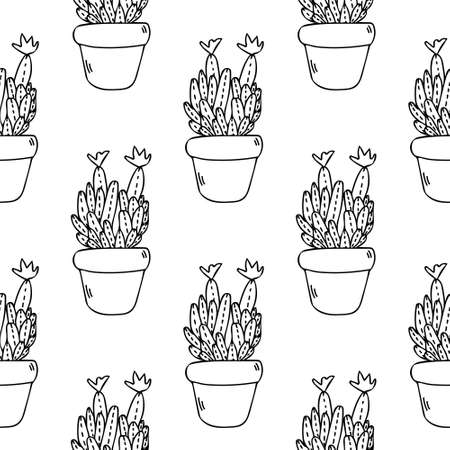 Cactus seamless pattern vector line art. Cute black succulent in pot illustration. Mexican house cacti in flowerpotのイラスト素材