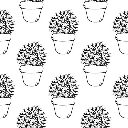 Cactus seamless pattern vector line art. Cute black succulent in pot illustration. Mexican house cacti in flowerpotのイラスト素材