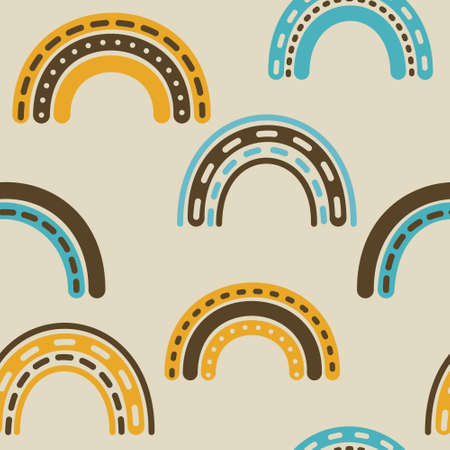 Rainbow groovy 1970 good vibes seamless vector pattern background. Warm retro abstract wallpaper, 70s neutral baby decorのイラスト素材