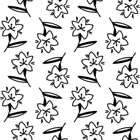 Doodle flower seamless pattern. Black flowers variety, hand drawn floral texture. Spring themed cute sketch elementsのイラスト素材