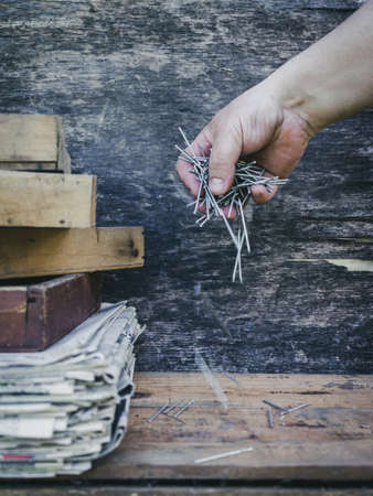 Still Life with Carpentry Vintage Tools on a Wooden Backgroundの写真素材