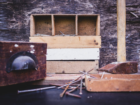 Still Life with Carpentry Vintage Tools on a Wooden Backgroundの写真素材
