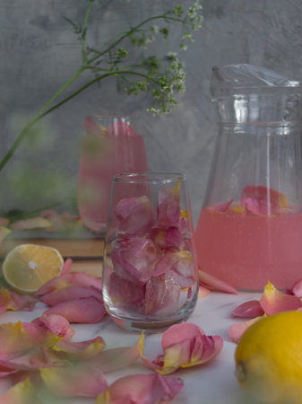 Summer pink cocktail with rose petals and ice cubes on a gray background