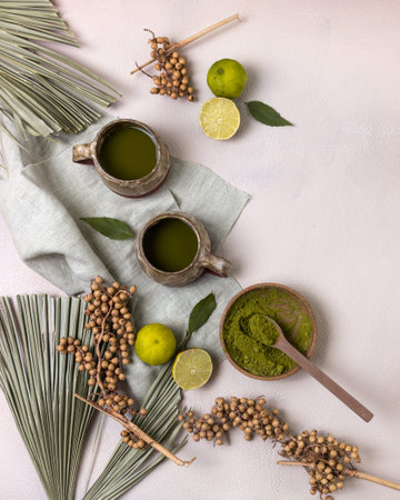 matcha green tea in a ceramic cup on a dark background top view
