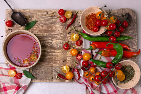 wooden board with a plate of tomato soup and vegetables top view