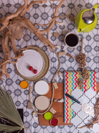 bright color palette mood board for interior design and decor bohemian styleの写真素材