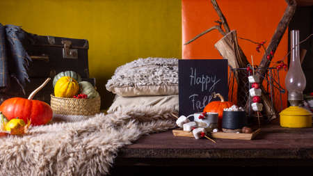 Autumn still life with pumpkins and plaidsの写真素材