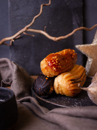 still life with eclairs on a dark background