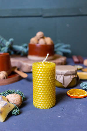 still life with a jar of honey on a dark backgroundの写真素材
