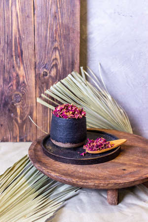 Handmade ceramic cups on the tableの写真素材