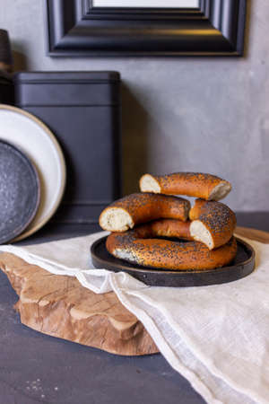Ceramic cookware in a gray kitchenの写真素材
