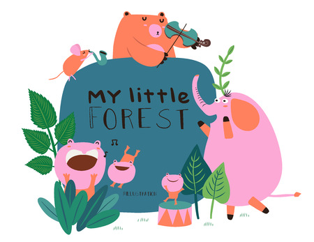 Cute Animals Bear, Elephant, Mouse and Frogs happy in Garden patternのイラスト素材