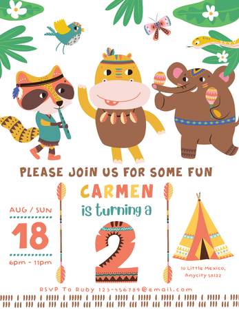 Happy birthday party invitation card with cartoon tribal animals.のイラスト素材