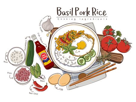 Basil Pork Rice with Ingredients Set. Thailand Cuisine Recipe Illustration.のイラスト素材