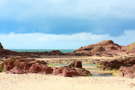 Rocky Tantallon Castle beach, Scotlandの写真素材