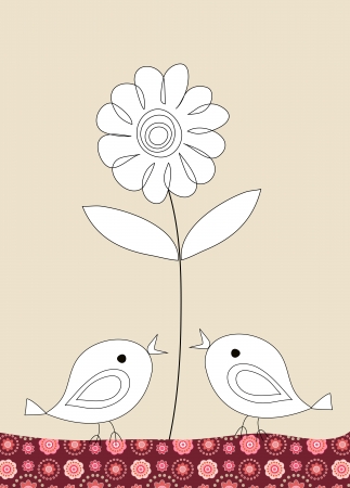 Two cute birds and a flower on beige background, illustrationの写真素材