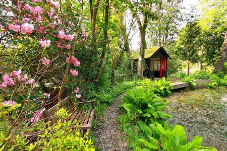 Beautiful romantic garden with a shed in Springtimeの写真素材