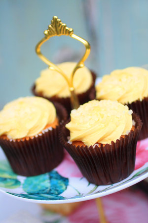 Collection of cakes on vintage cake stand, close up