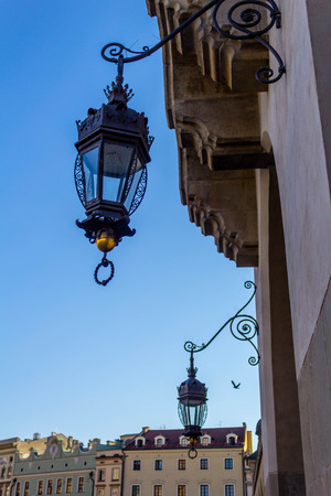 Old, beautiful street lamp, Cloth Hall, Krakow, Polandの写真素材
