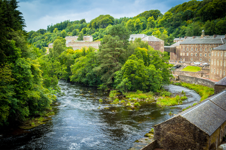 View of New Lanark Heritage Site, Lanarkshire in Scotland, United Kingdomの写真素材