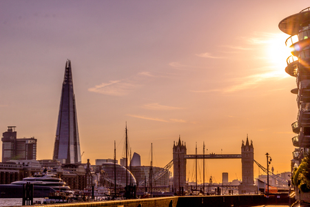 Panorama of London in the sunset with shard and Tower Bridge, London, UKのeditorial素材
