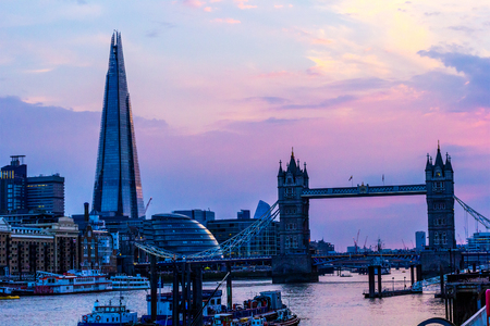 Panorama of London in the sunset with shard and Tower Bridge, London, UKのeditorial素材