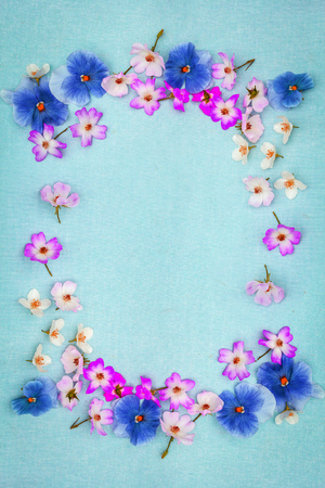 Beautiful pansies and roses on the farbic backgroundの写真素材