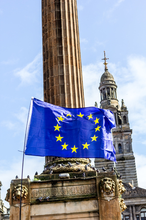 Glasgow, Scotland, August, 31, 2019. 'Stop the coup': Protests Blue and white Scottish flag with EU stars  in Glasgow, George Squareのeditorial素材