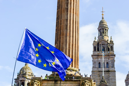 Glasgow, Scotland, August, 31, 2019. 'Stop the coup': Protests Blue and white Scottish flag with EU stars  in Glasgow, George Squareのeditorial素材