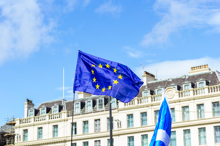 Glasgow, Scotland, August, 31, 2019. 'Stop the coup': Protests Blue and white Scottish flag with EU stars  in Glasgow, George Squareのeditorial素材