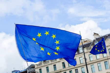 EU flag at Glasgow, Scotland, August, 31, 2019. 'Stop the coup': Protests Blue and white Scottish flag with EU stars  in Glasgow, George Squareのeditorial素材