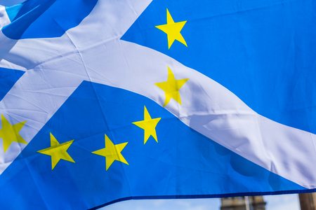 Glasgow, Scotland, August, 31, 2019. 'Stop the coup': Protests Blue and white Scottish flag with EU stars  in Glasgow, George Squareのeditorial素材