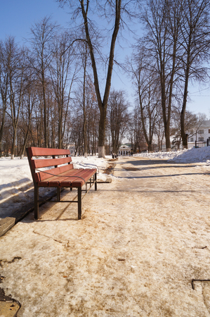 Benches in the winter city park with blue skyの写真素材