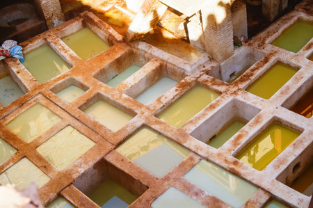 Morocco, Fez, the old city Worker paint the skin in dyersの写真素材