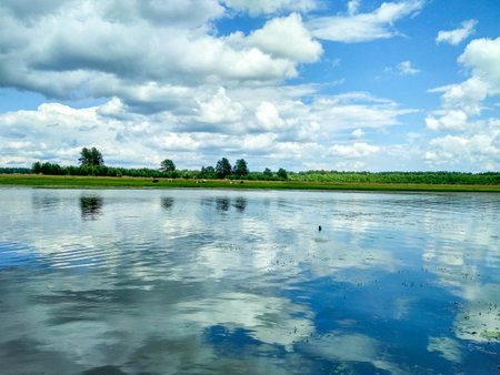 Summer landscape with beautiful white clouds and bright blue sky reflected in the river
