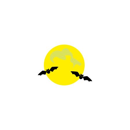 Halloween symbol. Icon of  flying bat. Black bat. Silhouette. Night view of full moon and flying bats. Cartoon. Vector illustration.のイラスト素材