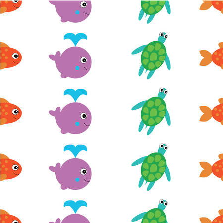 Whale with water fountain blow, fish and turte icon. Vector illustration. Cartoon style. Seamless patternのイラスト素材