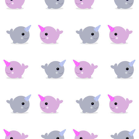 Vector illustration. Cute cartoon magic narwhal isolated on white background. funny unicorn whale for child and cards. Seamless background.のイラスト素材