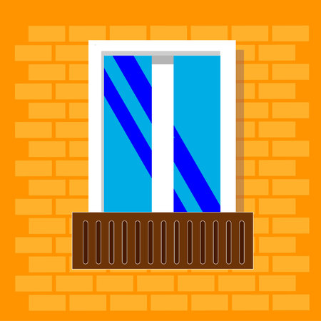 window frame view isolated on brick house wall . Detailed plastic window with balcony. Architecture design outdoor or exterior view, building and home theme.のイラスト素材