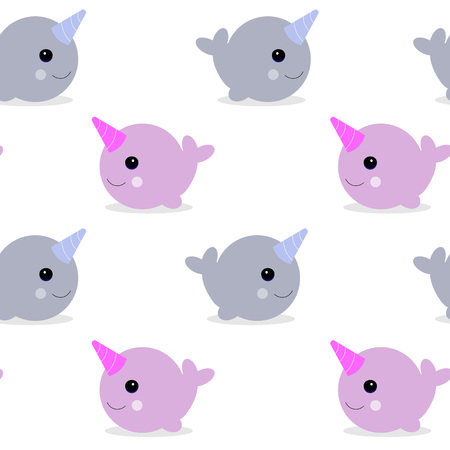 Vector illustration. Cute cartoon magic narwhal isolated on white background. funny unicorn whale for child and cards.の写真素材