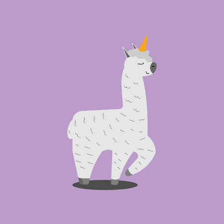 Funny smiling pink unicorn llama, alpaca. Cartoon character vector illustration on violet background.のイラスト素材