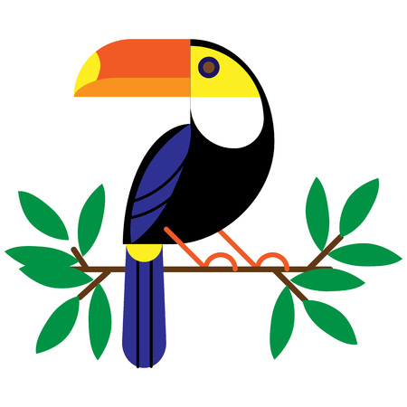 Vector illustration with tropical leaves and bird toucan on a branch.Exotic Bird Isolated on White Background.のイラスト素材